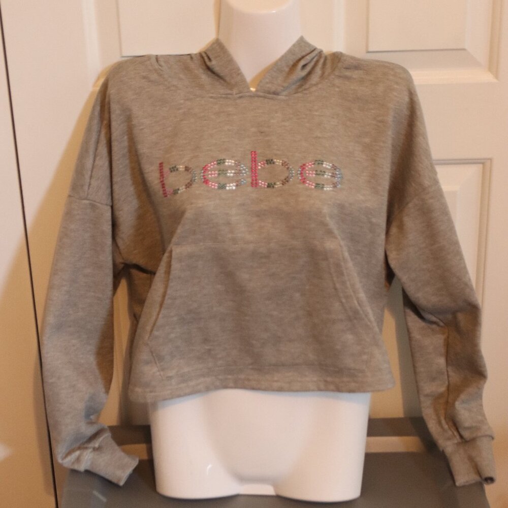 Bebe Sport Small Grey Cropped Hooded Sweatshirt Kangaroo Pocket Long Sleeve